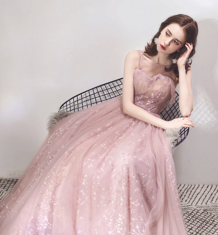 SSYFashion Новое милое романтическое розовое вечернее платье без рукавов Аппликации блёстками длиной до пола Длинные вечерние платья для выпускного вечера Robe De Soiree