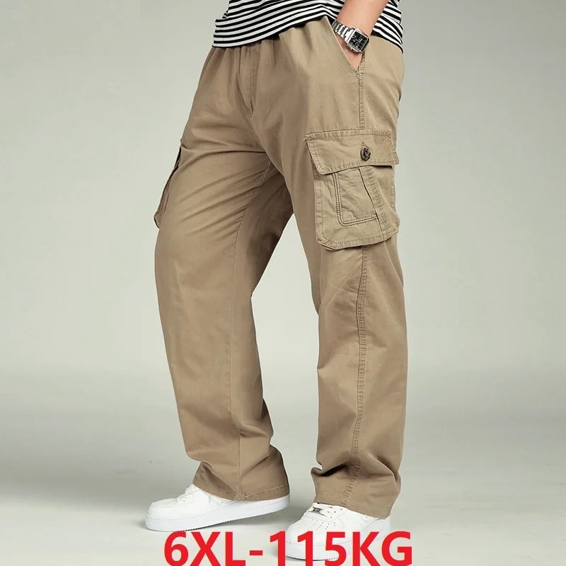 Мужские брюки карго больших размеров 4XL 5XL 6XL карманные летние мужские повседневные черные 46 стиль сафари весенние прямые брюки с эластичным поясом
