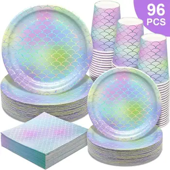 

24 Set Birthday Party Tableware Party Paper Plates Mermaid Party Supplies Disposable Disposable Paper Dinnerware Cake Tray