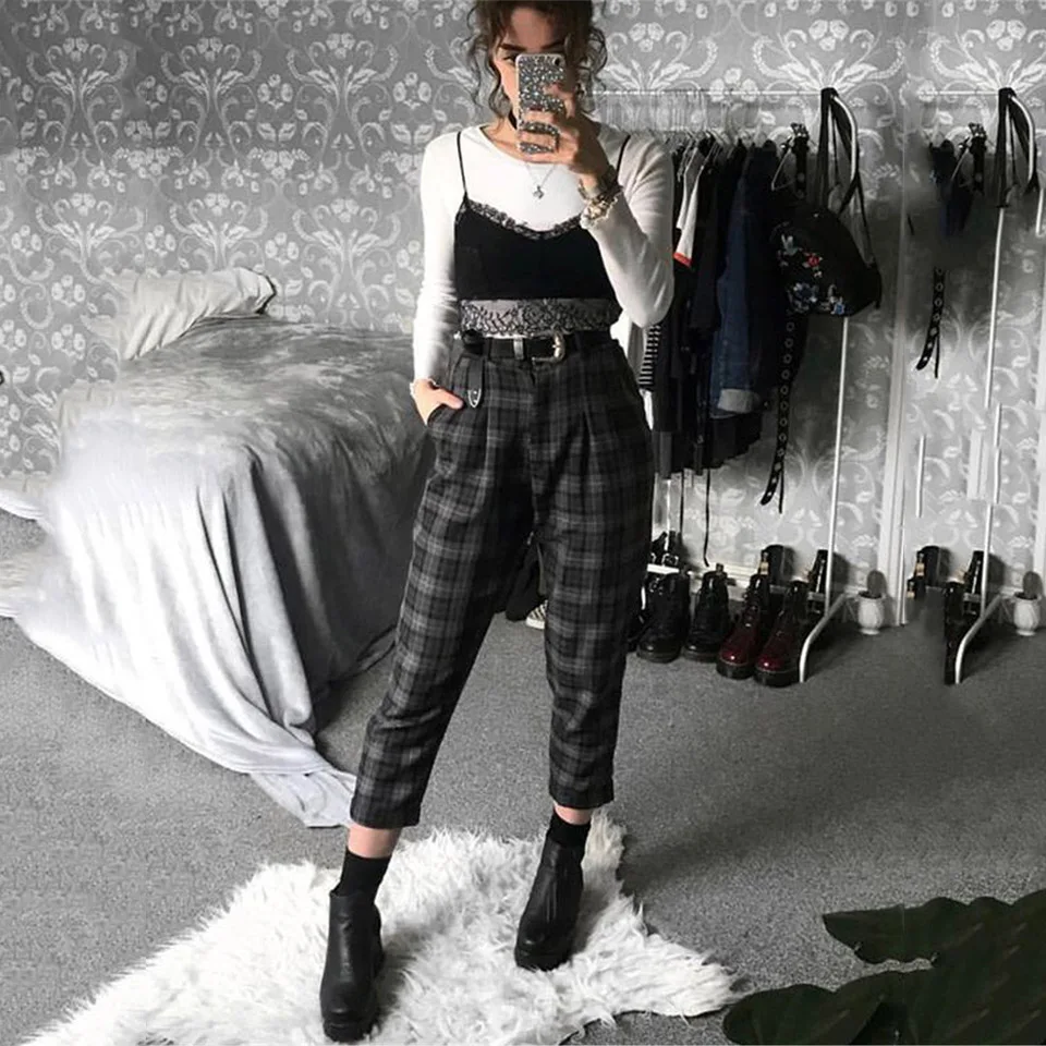 

Black High Waist Plaid Harem Pants for Women Fall Winter Ankle Length Streetwear Fashion Korean Style Plus Size 5XL Trousers