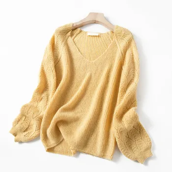 

Women Sweater Hollow V-neck Mohair Early Spring New Tri-color Pullover