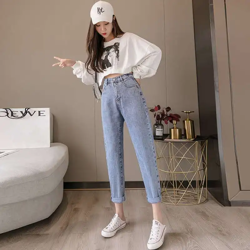 

Factory Sale Korean Mom Jeans High Waist Spring Autumn Winter Cotton Denim Loose plus Size Jeans Harem Pants Women
