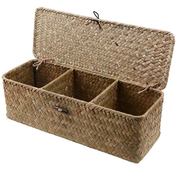 

3 Grid Storage Baskets With Cover Vintage Jewelry Storage Case Straw Desktop Tea Set Handmade Rattan Makeup Storage Box(Primary