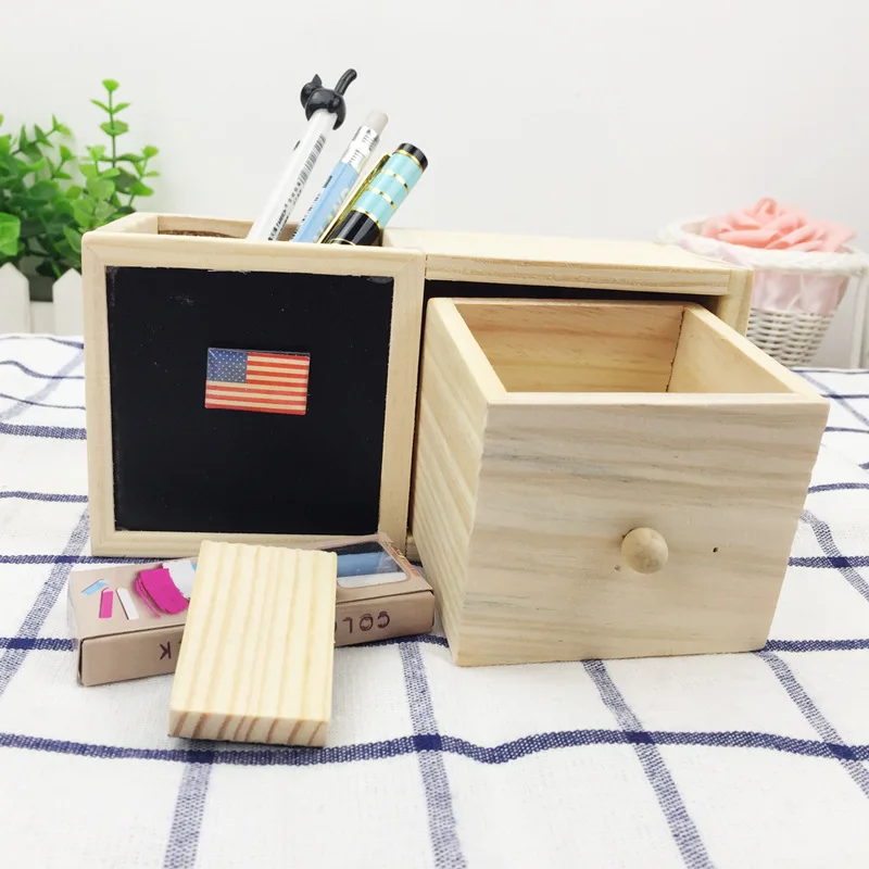P73 Korean Style Creative DIY Desktop Single Layer Blackboard Storage Box Wood Pencil Case Office Multi-functional Stationery St