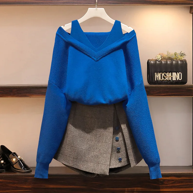 

New big-size stylish off-the-shoulder sweater and Cloth skirt two-piece set 2019 autumn suit new set women's sweater skirt set