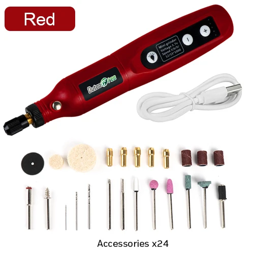 USB Mini Cordless Drill Pen Rechargeable Wireless Engraving Pen With LED Rotary Tool Dremel Electric Drill Grinding Accessories Red-24PCS