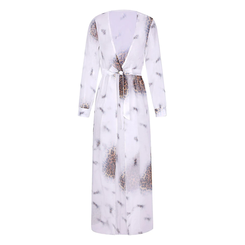 

Women Kaftan Dress Sarong Slit Summer Cotton Beach Sexy Maxi Wrap Long Sleeve Smock Leopard Print Bikini Cover Up Bandage