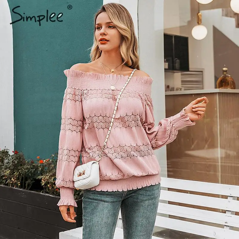  Simplee Ruffled off shoulder women blouse shirt Elegant lace elastic hollow out female tops Autumn 