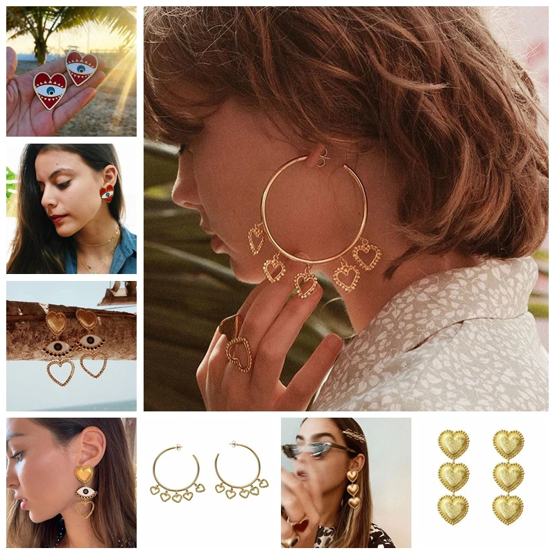 

Gold Geometric Dangle Earrings For Women New Design Round Heart Hollow Drop Earring Brincos Metal Statement Vintage Jewelry A30