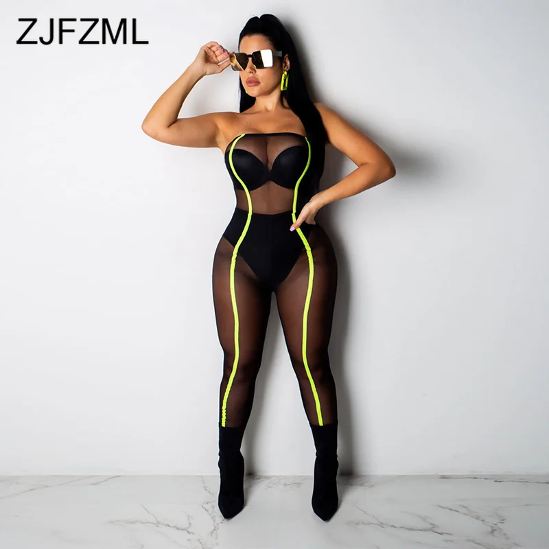 

Fishnet Hollow Sexy Neon Green Jumpsuit Women Backless Stripes Bandage Playsuits Summer Strapless Bodycon Clubwear Mesh Overalls