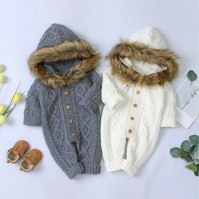 

KLV Baby Fur Collar Knitted Hooded Romper Jumpsuit Outfits Infant Long Sleeve Sweater Autumn Winter Newborn Costume 0-18 Months