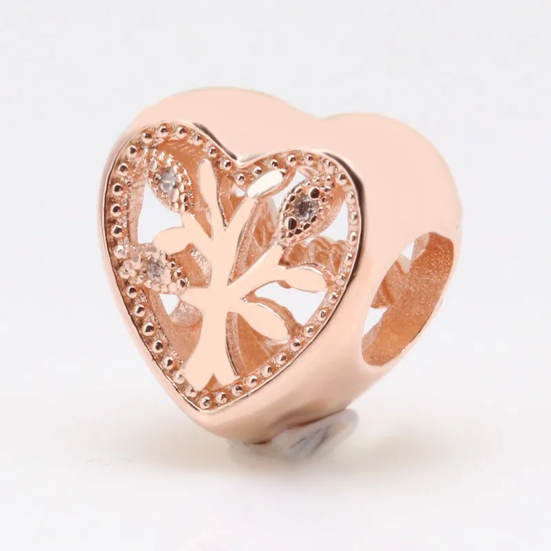 

Original 925 Sterling Silver Rose Gold Hollow Family Tree Heart-shaped Beads Fit Pandora Women Bracelet & Necklace Diy Jewelry