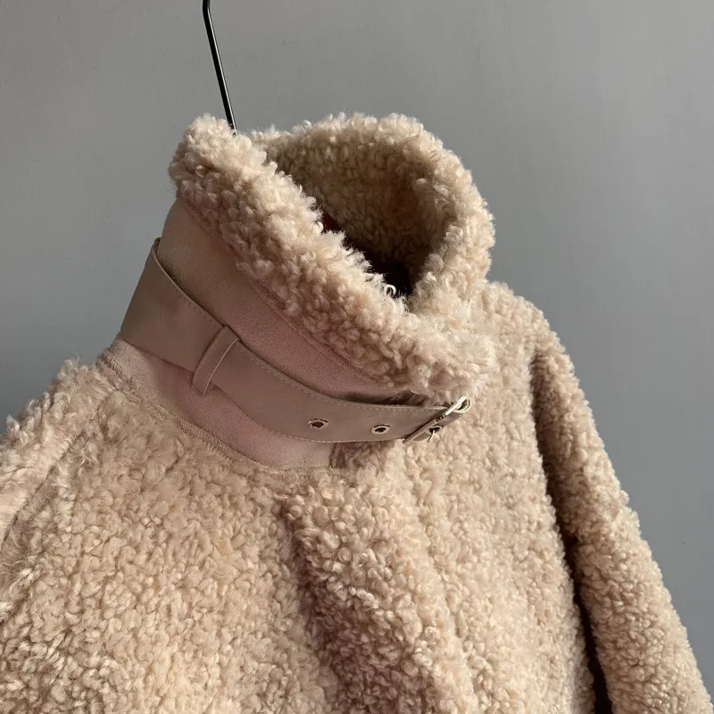 Женская куртка из овечьей шерсти,, зима, осень, Kawaii, меховая подкладка, парка, верхняя одежда, уличное толстое базовое пальто