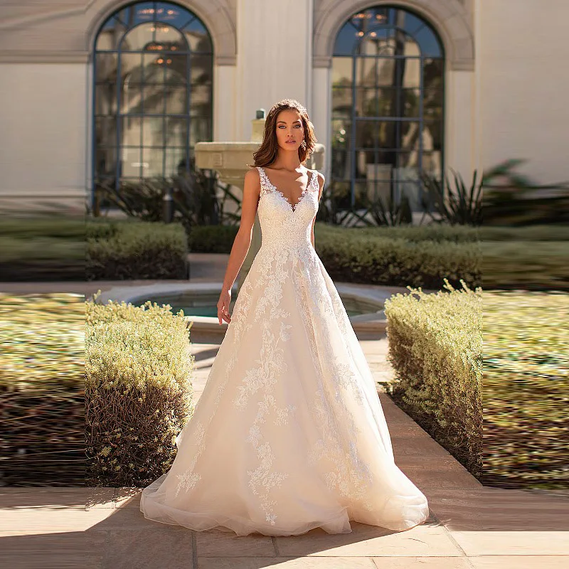 

Charming On Sale A Line Lace Sleeveless Bridal Wedding Gowns Back Out Deep V Neckline Wedding Dresses for Bride Appliqued 2020