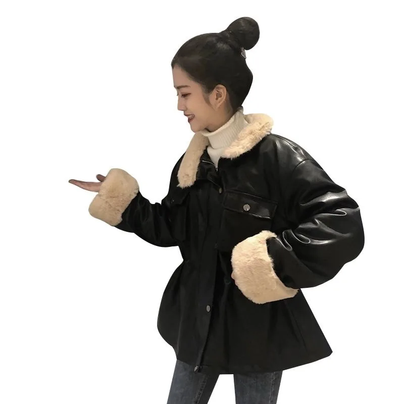 Vangull новая осенне-зимняя женская куртка из искусственной кожи, Повседневная теплая куртка с меховой подкладкой, приталенная черная кожаная короткая куртка