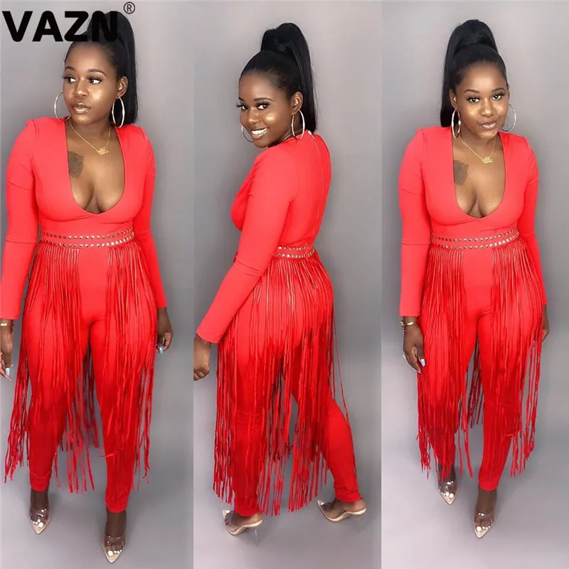 VAZN DAN8196 New Tassel Solid Pencil Bodycon Long Pants Sexy Women Jumpsuits Tide V-Neck Long Sleeve Tracksuits Long Romper