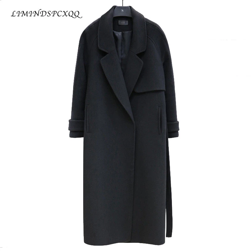 

2021 New Autumn Winter Black Woolen Coat Women's Clothing Fashion Women Jacket Loose Belt Long Overcoat Female Casual Wool Coat