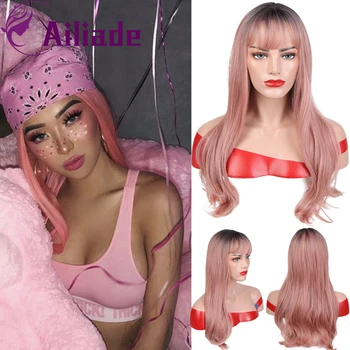 

AILIADE New Fashion Girl Ombre Wavy High Temperature Wigs Cosplay Synthetic Wigs with Bangs Long Hair Wigs Dark Pink Fake Hair