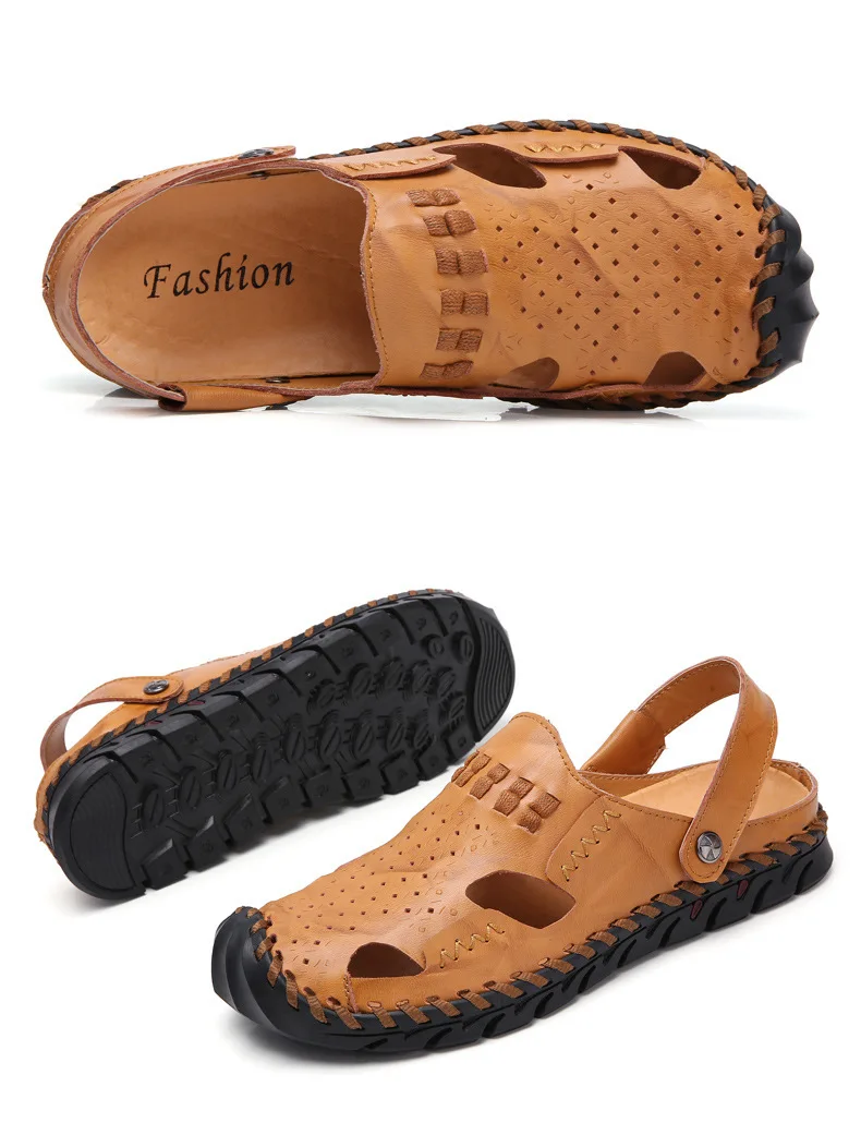 COWCOM Large Cow Leather Rubber shoes Summer Men's Sandals Real Leather Bag Head Outdoor Man Large size Casual CLK-BK926