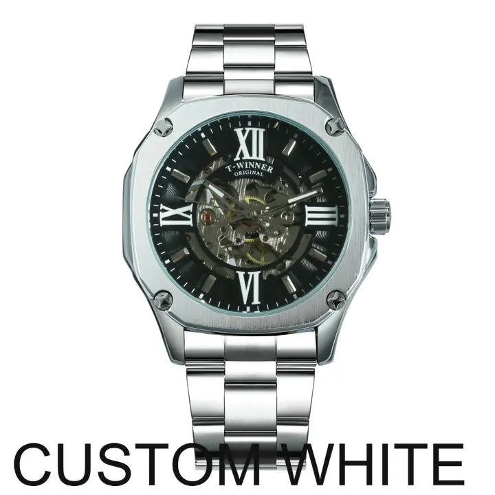 CUSTOM WHITE Победитель официальный моды автоматические часы для мужчин Скелет Механические мужские s часы лучший бренд класса люкс нержавеющая сталь квадратные наручные часы - Цвет: CUSTOM WHITE