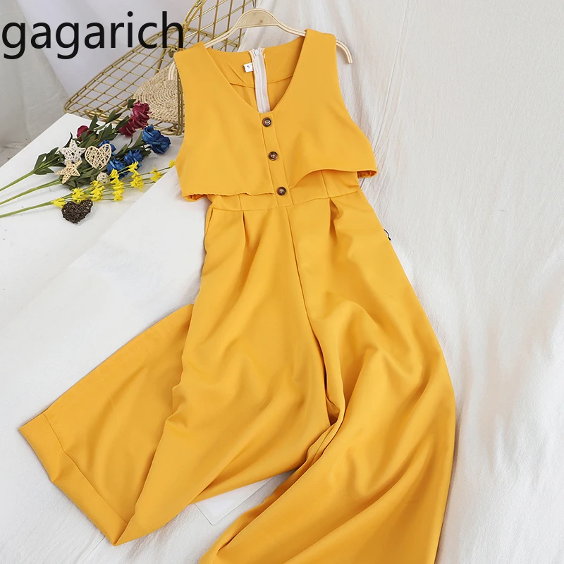 Gagarich Women Fashion Jumpsuit Summer Sleeveless V Neck Button Loose High Waist Wide Leg Pants Rompers Ladies Solid Bodysuit |