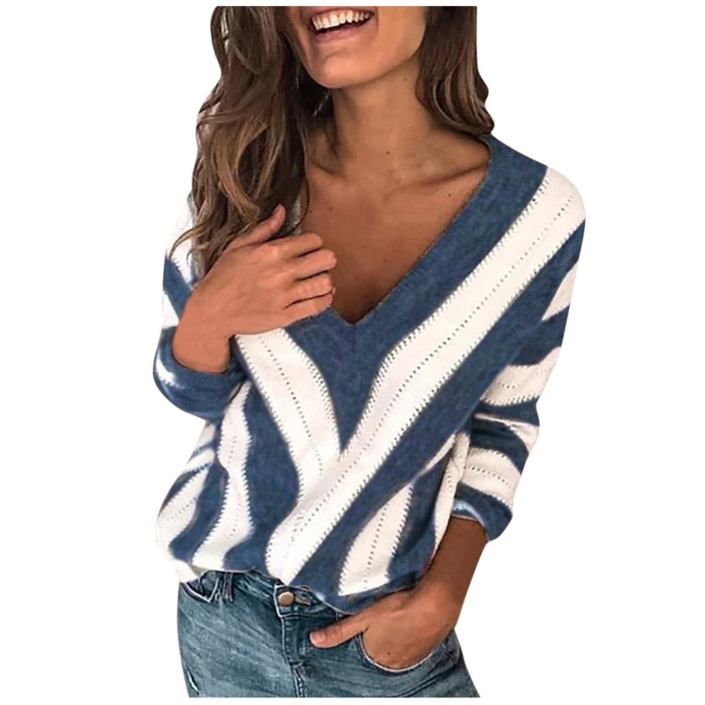 JAYCOSIA Striped Print V-neck Knitted Sweater Women Plus Size Tops Pullover Warm Autumn Winter Loose Sweaters Jumper 1016