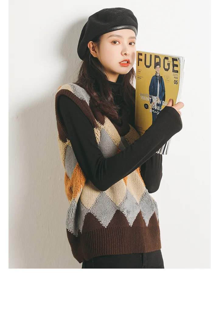 Korean Loose Women's Sleeveless Jacket V-Neck Geometric Patchwork Vintage Sweater Vest Female Winter Warm Waistcoat Veste Femme