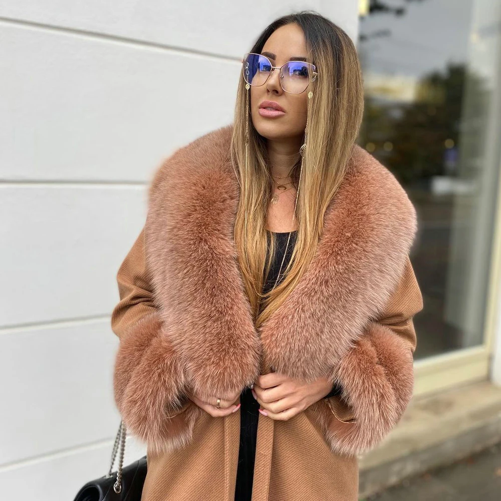 Women Winter Long Wool Blends Coat with Fox Fur Collar Thick Warm Winter Fashion Fur Ovrercoat Genuine Fox Fur Cashmere Coats