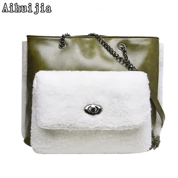 

2019 Winter New Large Capacity Womens Luxury Handbag Quality Leather Chain Shoulder Crossbody Bags with Detachable Plush Pouch