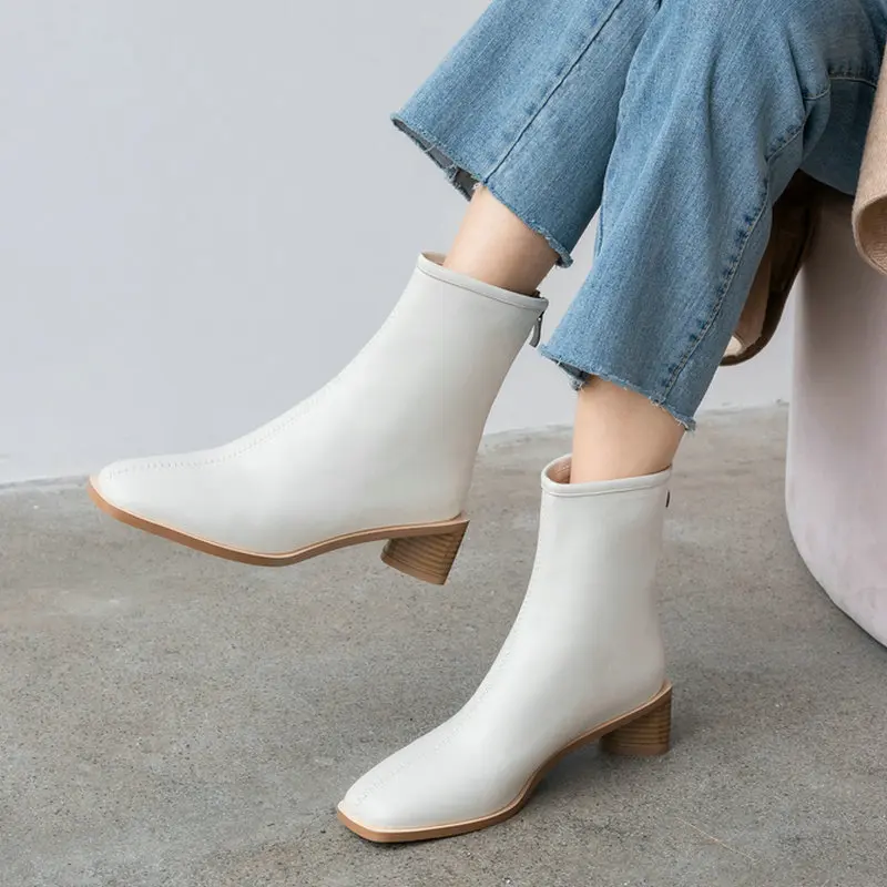 

Man-made Leather Womens Ankle Boots Square Toe Autumn Winter White Black Brown Boots Plus-Size Shoes