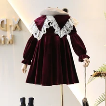 Маленькое стильное платье для девочек золотого цвета с бархатной подкладкой; зимнее Новое модное кружевное платье принцессы