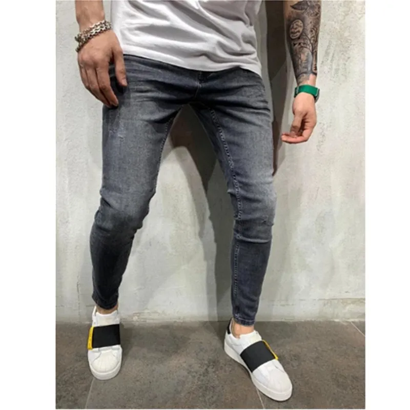 Мужские джинсы-шаровары с эффектом потертости, блестящие джинсовые черные штаны в стиле хип-хоп, спортивная одежда с эластичной талией, штаны для бега размера плюс - Цвет: grey