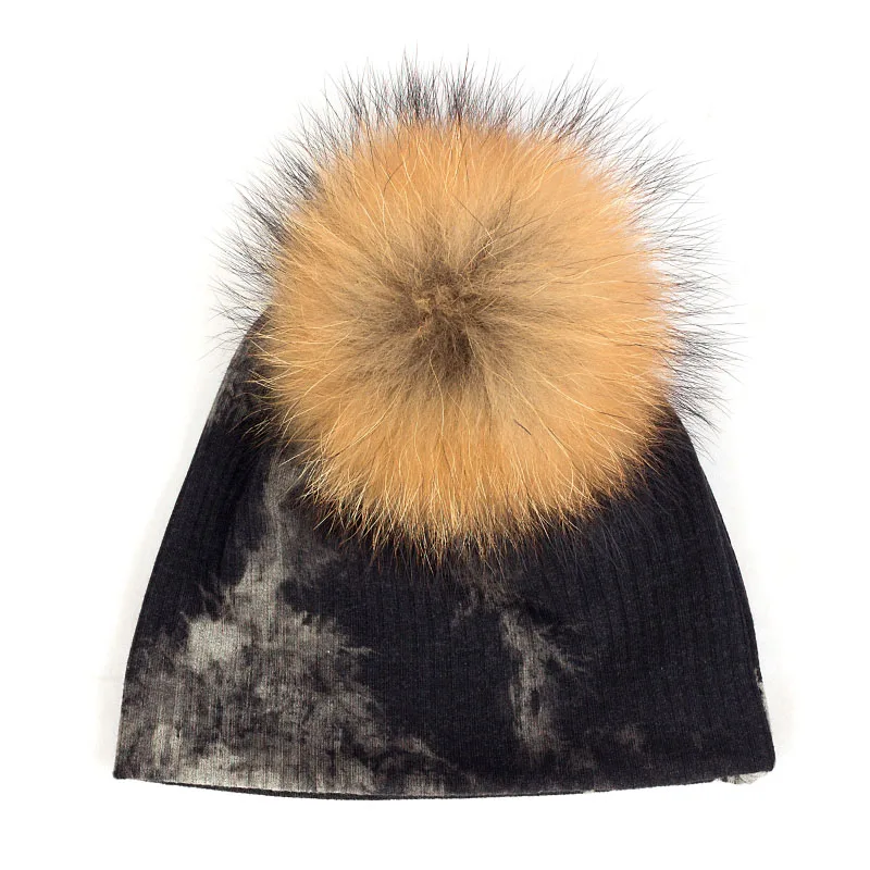 black gray Geebro/детские мягкие теплые вязаные шапки в рубчик, хлопковые шапки-бини, шапка с помпоном из натурального меха 13 см для маленьких девочек, зимние шапки с черепами - Цвет: black gray
