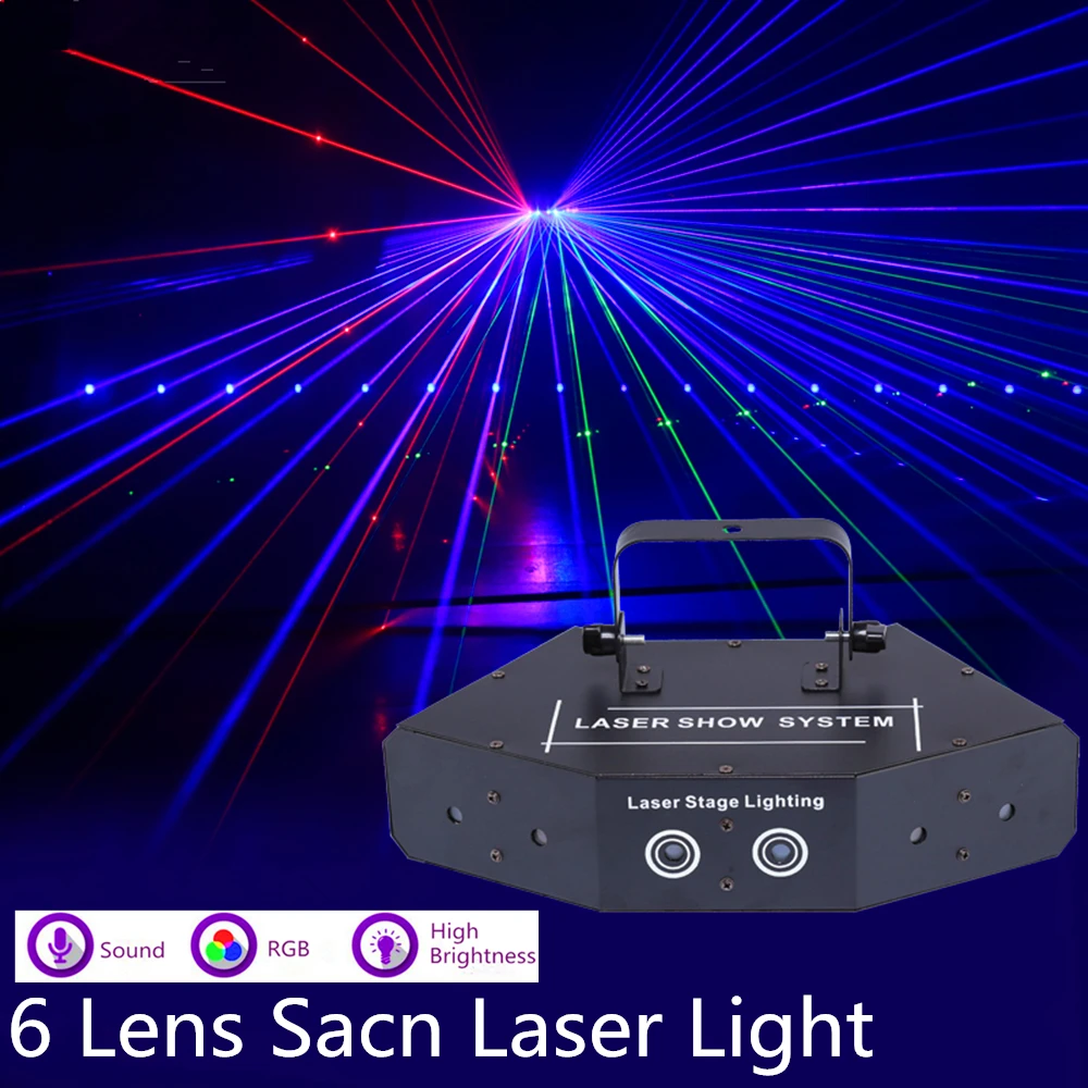 

6 Lens Scan Stage Laser Light RGB Full Color Six-eye Beam Scan Laser DJ Disco Laser Scanner DMX512 Scan Laser Projector Lighting