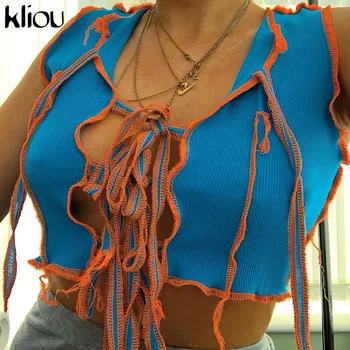 

Kliou sexy hollow out striped sling bandage tank tops tassel sleeveless v-neck club party wear crop top knitting slim streetwear
