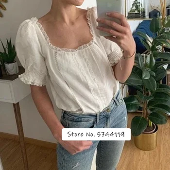 

Lace square collar ladies shirt lantern sleeves off shoulder short sleeve women shirt tops 2020 new