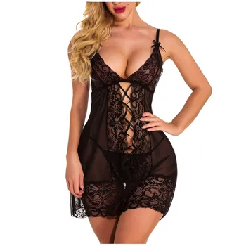 

New Women Sleeveless Lace Hollow Out Splice Bandage Nightdress Sexy Babydoll Lingerie Nightgowns Sleepwear Underwerar S-2xl#p3