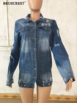 

Blue Fall 2019 Winter Coats Female Long Denim Jacket Casual Vinatge Hole Loose Long Sleeve Plus Size Outerwear Women