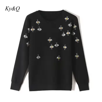 

Brand Designer 2019 Winter Little Bee Embroidery Sweaters Black O-neck Long Sleeve Pullovers Women Casual Knitted Tops Elegant