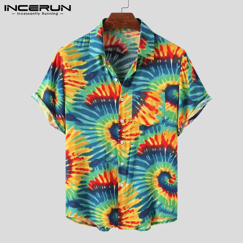 Summer Men Hawaiian Shirt Tie Dye Printed Short Sleeve 2020 Leisure Chic Lapel Tops Streetwear Breathable Brand Camisas INCERUN Summer Men Hawaiian Shirt Tie Dye Printed Short Sleeve 2020 Leisure Chic Lapel Tops Streetwear Breathable Brand Camisas INCERUN