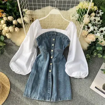 

FMFSSOM Spring Summer Denim Square Collar Lantern Sleeve Vintage Single Breasted Slim Women Lady Dress