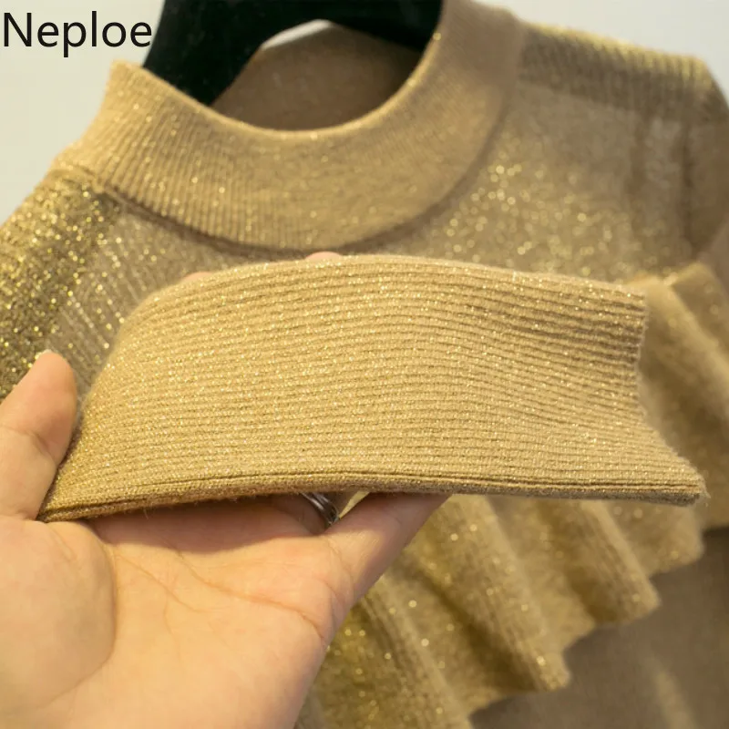 Neploe/элегантные шелковые пуловеры с оборками и круглым вырезом, свитер с вырезом, с вырезами, с длинными рукавами, обтягивающие однотонные Топы 46826