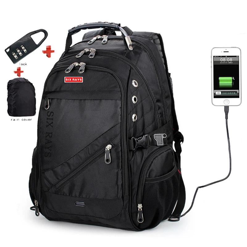 

SIXRAYS Men Laptop Bag External USB Charge Computer Backpacks Anti-theft Men Waterproof Bags Women Backpack with Lock Raincover