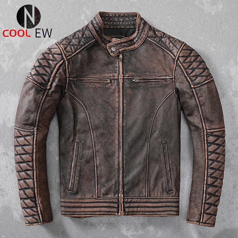 cowhide leather jacket mens Free shipping.Heavy vintage brown genuine leather jacket.mens slim motor biker cowhide coat.quality plus size leather clothes. real sheepskin coat