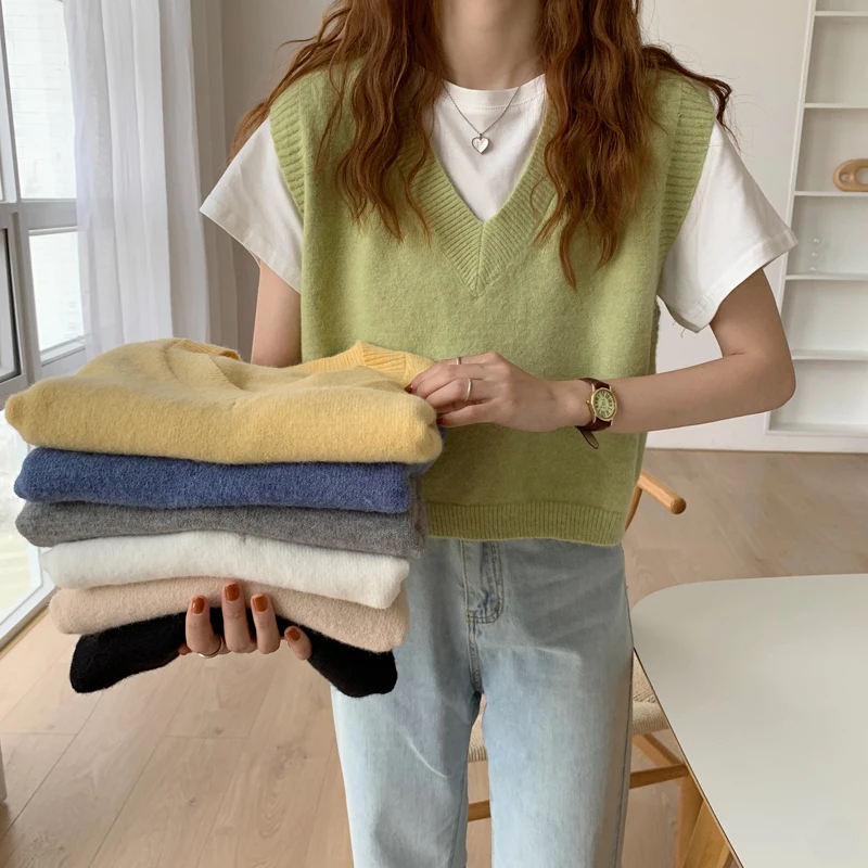 

Autumn Sleeveless Sweater Women Sweet Solid Color V Neck Knitted Loose Sleeveless Slim Vest Jumpers Pull Femme
