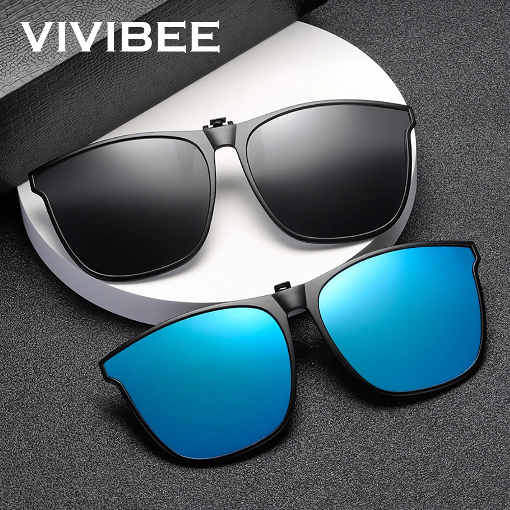 VIVIBEE Big Black Frame Polarized Women Clip on Flip Up Sunglasses Men UV400 Night Vision Glasses Driving Oculos | Аксессуары для