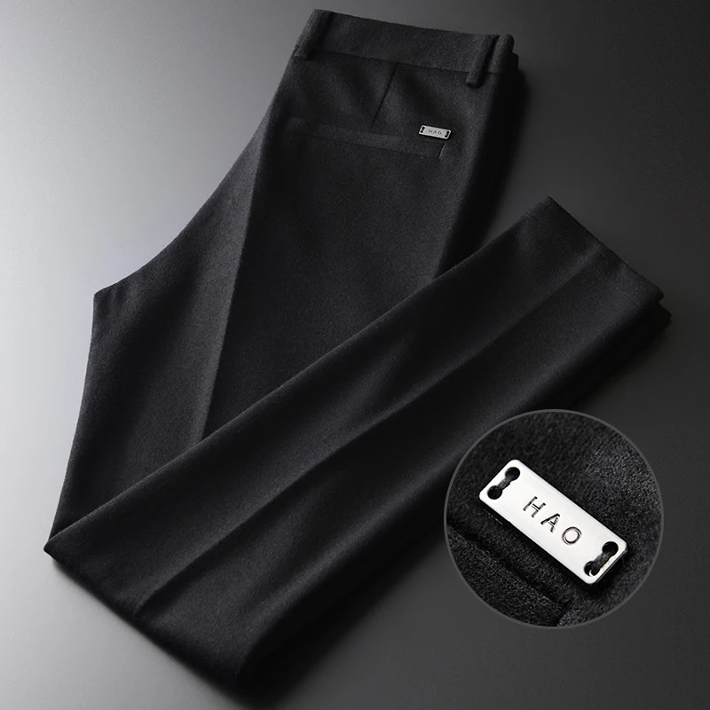 Minglu Black Wool Mens Pants Luxury Solid Color Business And Casual Male Pants Autumn And Winter Slim Fit Man Trousers