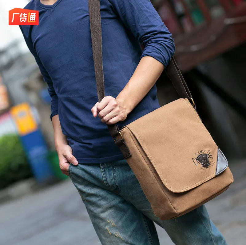 

One-Shoulder Oblique Bag MEN'S Messenger Bag Casual Canvas MEN'S Real-leather Bag Shoulder Diagonal Clutch Men's Chest Pocket
