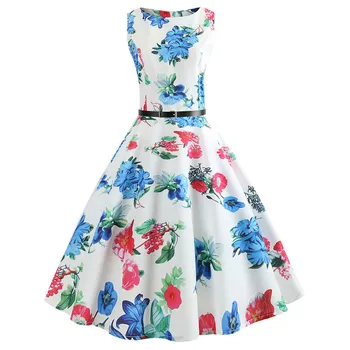 

Summer Floral Dresses for Women 50s 60s Big Swing Hepburn Vintage Retro Rockabilly Pin Up Dress Slim Elegant Party SunDress