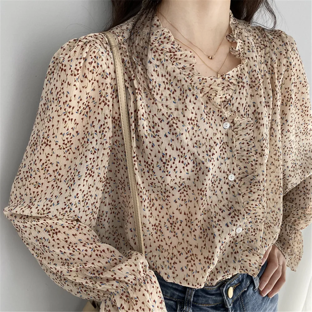 2020 Casual Vintage Chiffon Shirt Blouse Women Floral Printed Lantern Sleeve Women Tops  Blouse V Neck Blusas Mujer De Moda z669 (4)